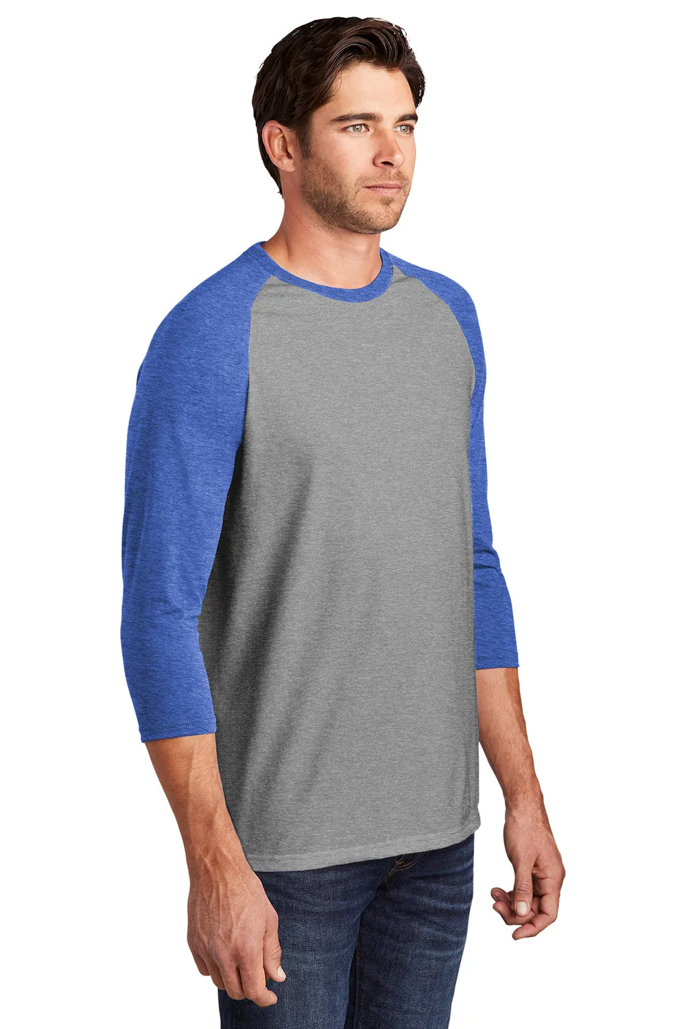 District Mens Perfect Tri 3/4 Sleeve Crewneck T-Shirt - Grey Frost/Royal Blue