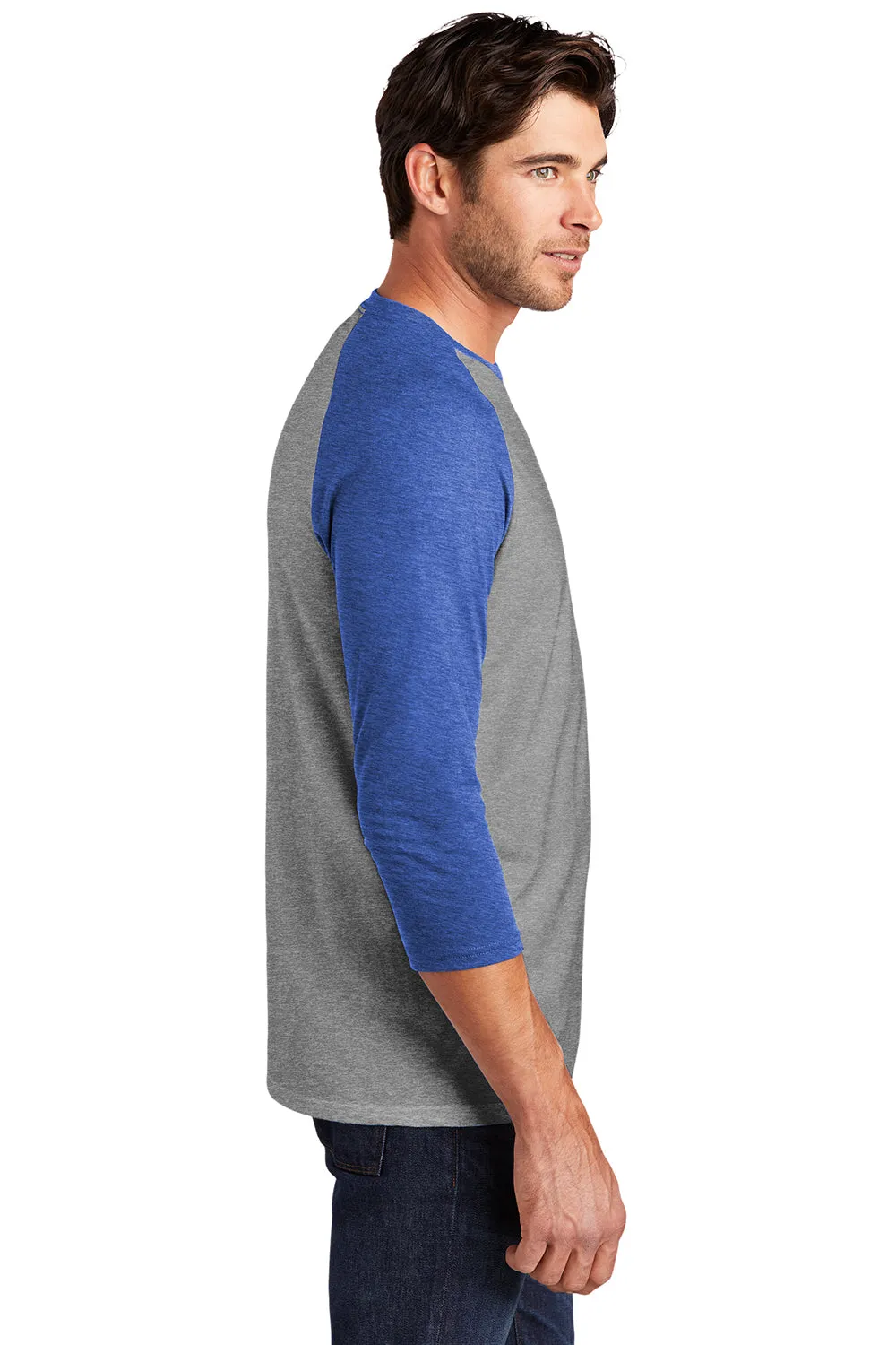 District Mens Perfect Tri 3/4 Sleeve Crewneck T-Shirt - Grey Frost/Royal Blue