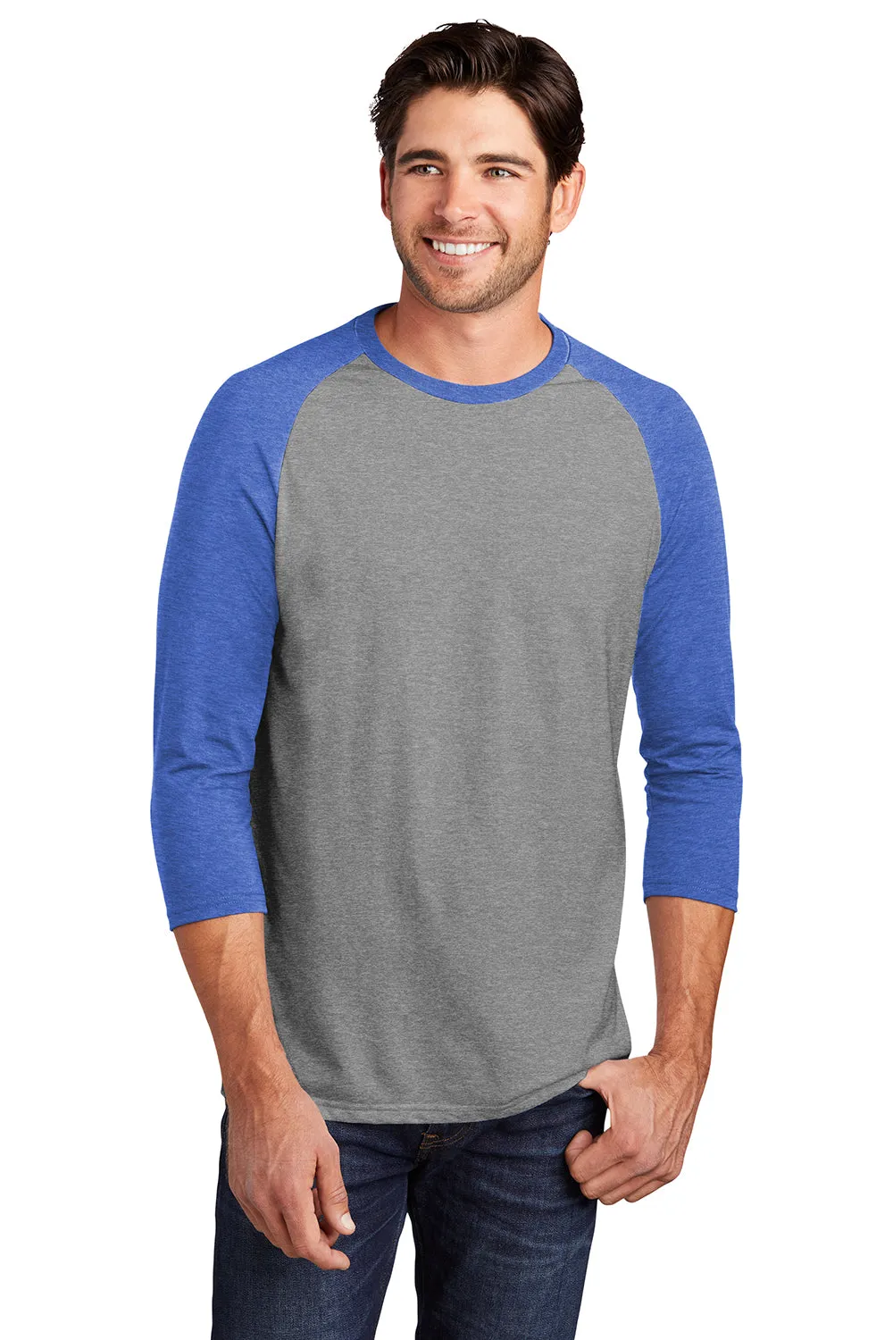District Mens Perfect Tri 3/4 Sleeve Crewneck T-Shirt - Grey Frost/Royal Blue