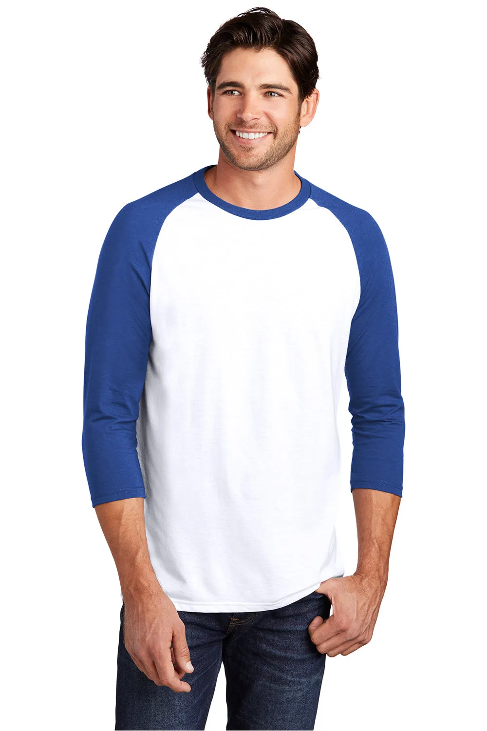 District Mens Perfect Tri 3/4 Sleeve Crewneck T-Shirt - White/Deep Royal Blue