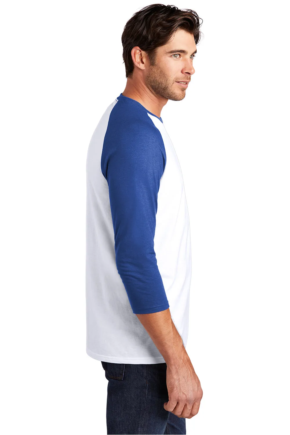 District Mens Perfect Tri 3/4 Sleeve Crewneck T-Shirt - White/Deep Royal Blue
