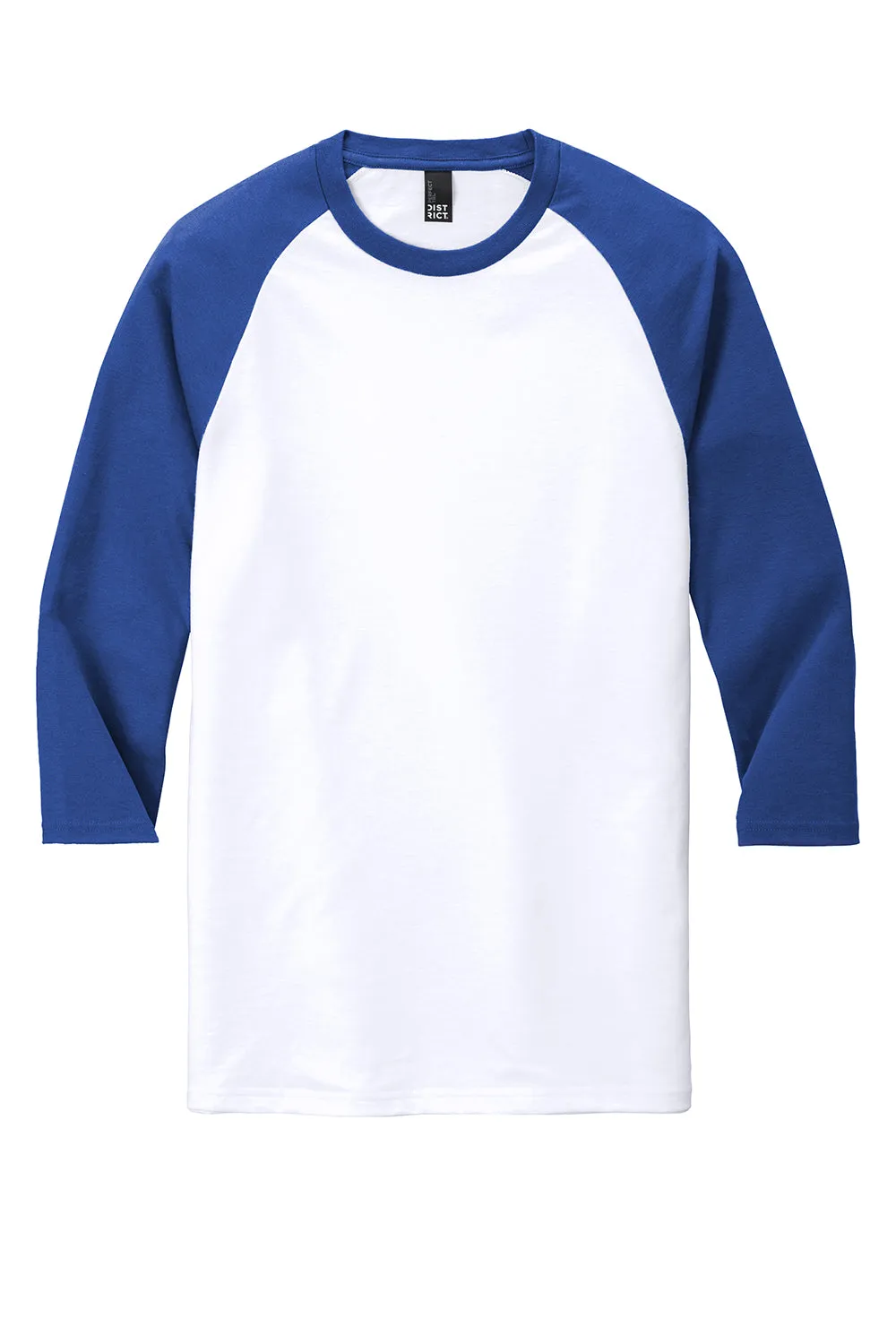 District Mens Perfect Tri 3/4 Sleeve Crewneck T-Shirt - White/Deep Royal Blue