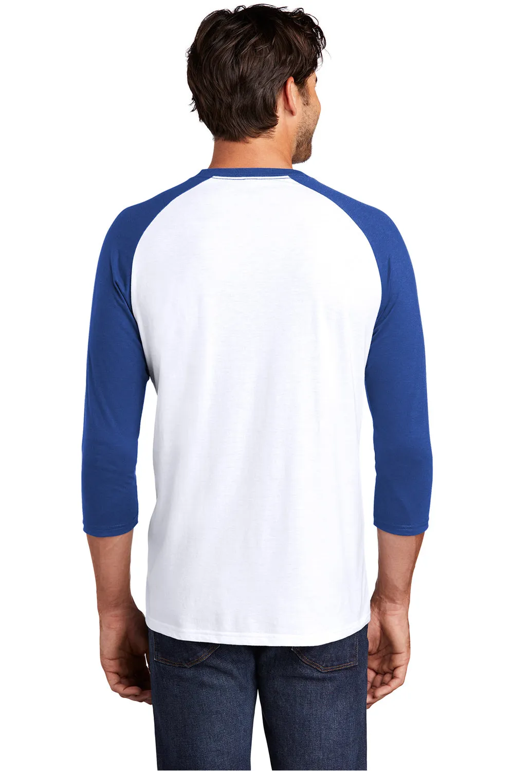 District Mens Perfect Tri 3/4 Sleeve Crewneck T-Shirt - White/Deep Royal Blue