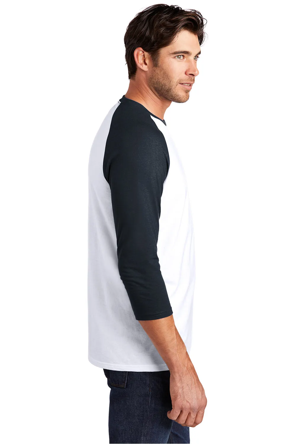 District Mens Perfect Tri 3/4 Sleeve Crewneck T-Shirt - White/New Navy Blue