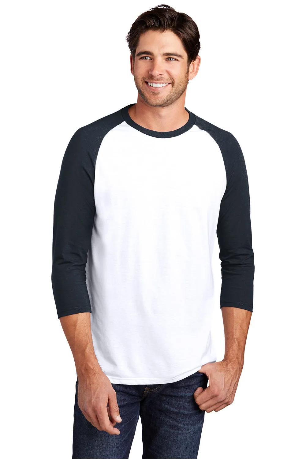 District Mens Perfect Tri 3/4 Sleeve Crewneck T-Shirt - White/New Navy Blue