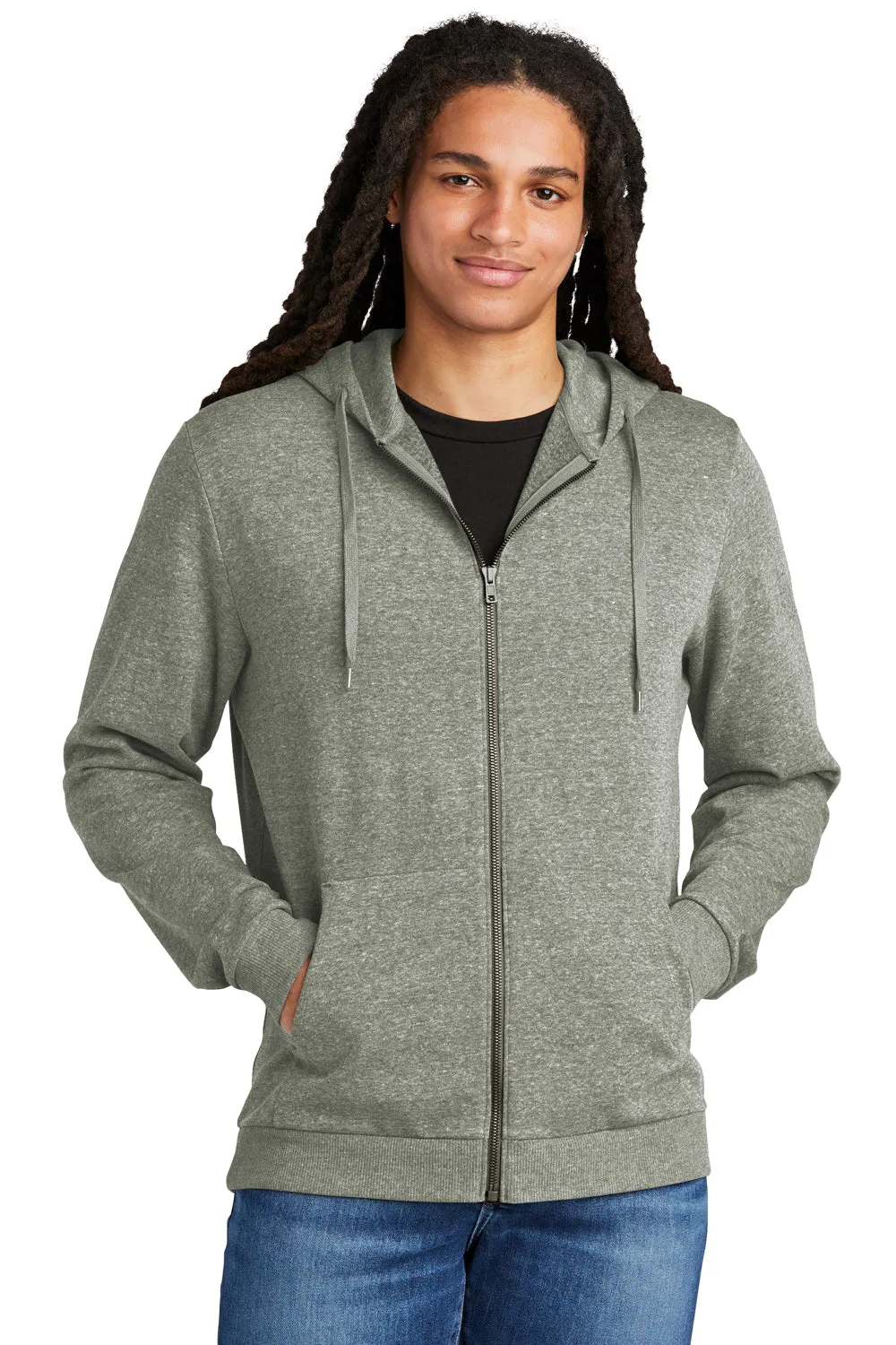 District Mens Perfect Tri Fleece Full Zip Hooded Sweatshirt Hoodie w/ Pockets - Grey Frost