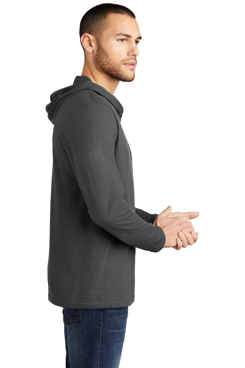 District Mens Perfect Tri Long Sleeve Hooded T-Shirt Hoodie - Charcoal Grey