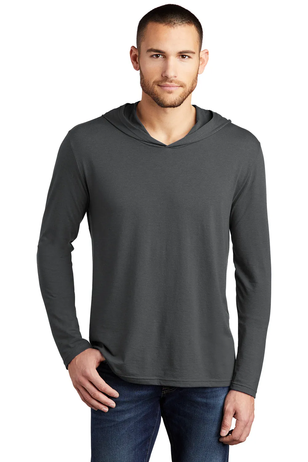 District Mens Perfect Tri Long Sleeve Hooded T-Shirt Hoodie - Charcoal Grey
