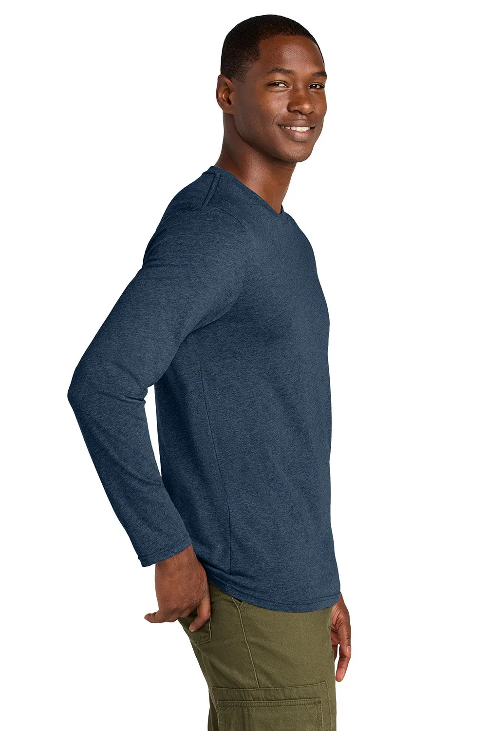 District Mens Perfect Weight CVC Long Sleeve Crewneck T-Shirt - Heather Navy Blue