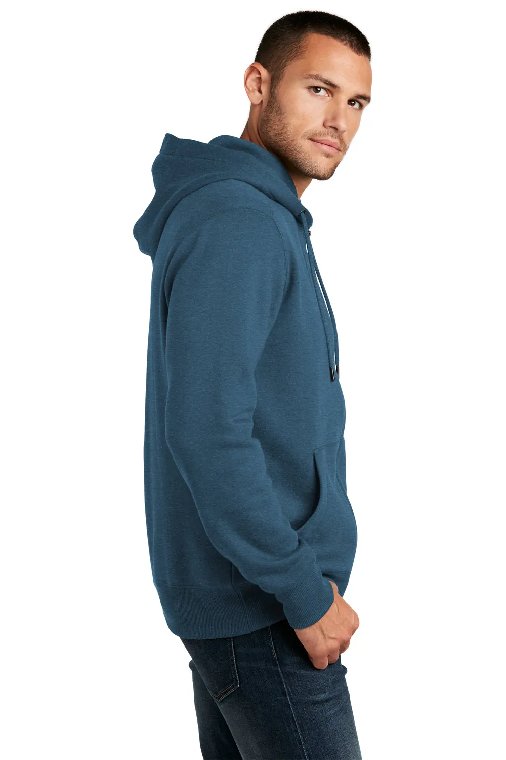 District Mens Perfect Weight Fleece Full Zip Hooded Sweatshirt Hoodie w/ Pockets - Heather Poseidon Blue - Closeout