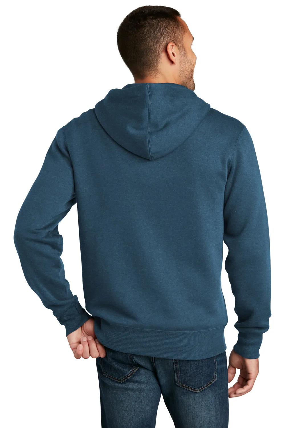 District Mens Perfect Weight Fleece Full Zip Hooded Sweatshirt Hoodie w/ Pockets - Heather Poseidon Blue - Closeout