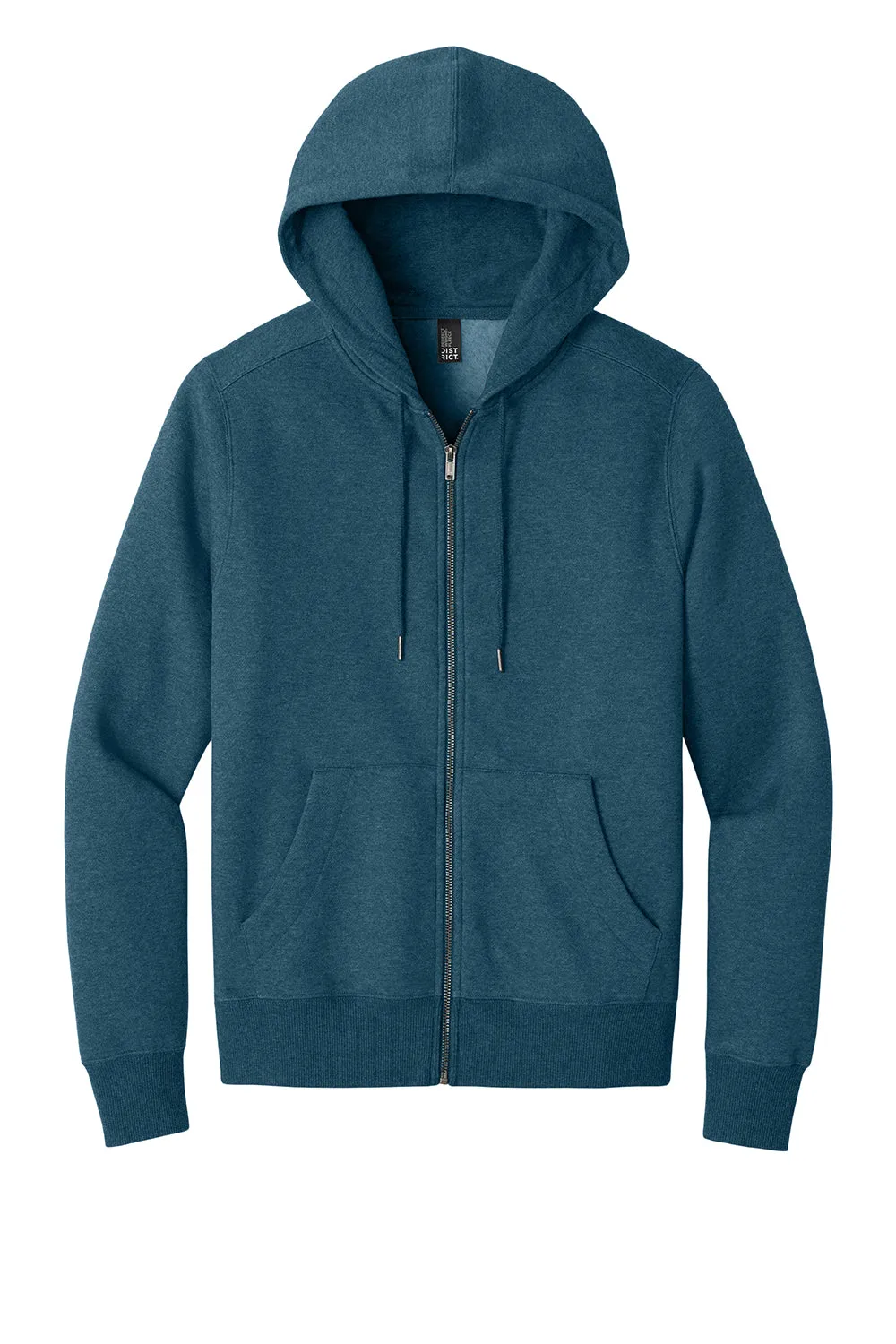 District Mens Perfect Weight Fleece Full Zip Hooded Sweatshirt Hoodie w/ Pockets - Heather Poseidon Blue - Closeout