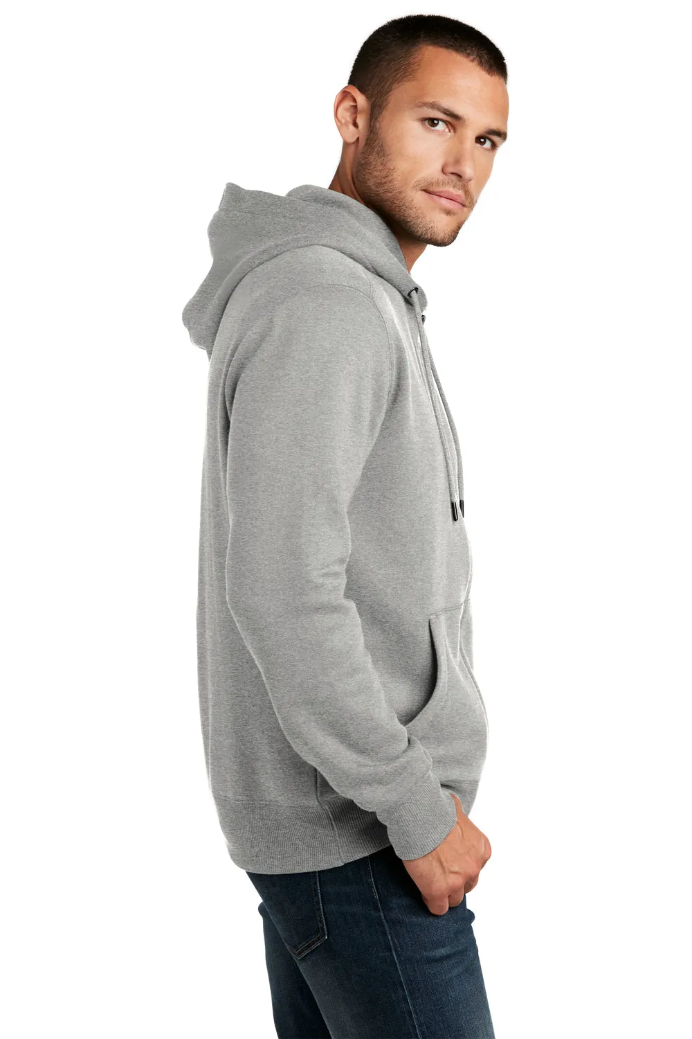 District Mens Perfect Weight Fleece Full Zip Hooded Sweatshirt Hoodie w/ Pockets - Heather Steel Grey
