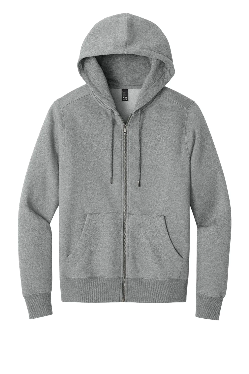 District Mens Perfect Weight Fleece Full Zip Hooded Sweatshirt Hoodie w/ Pockets - Heather Steel Grey