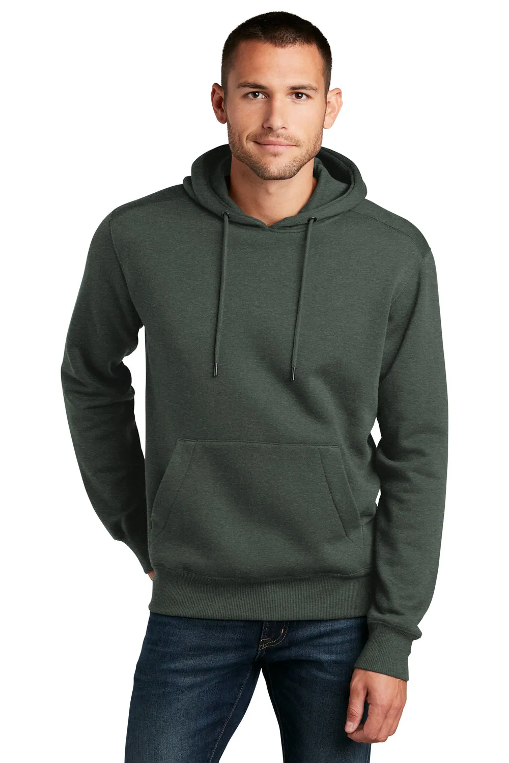 District Mens Perfect Weight Fleece Hooded Sweatshirt Hoodie w/ Pouch Pocket - Heather Forest Green - Closeout