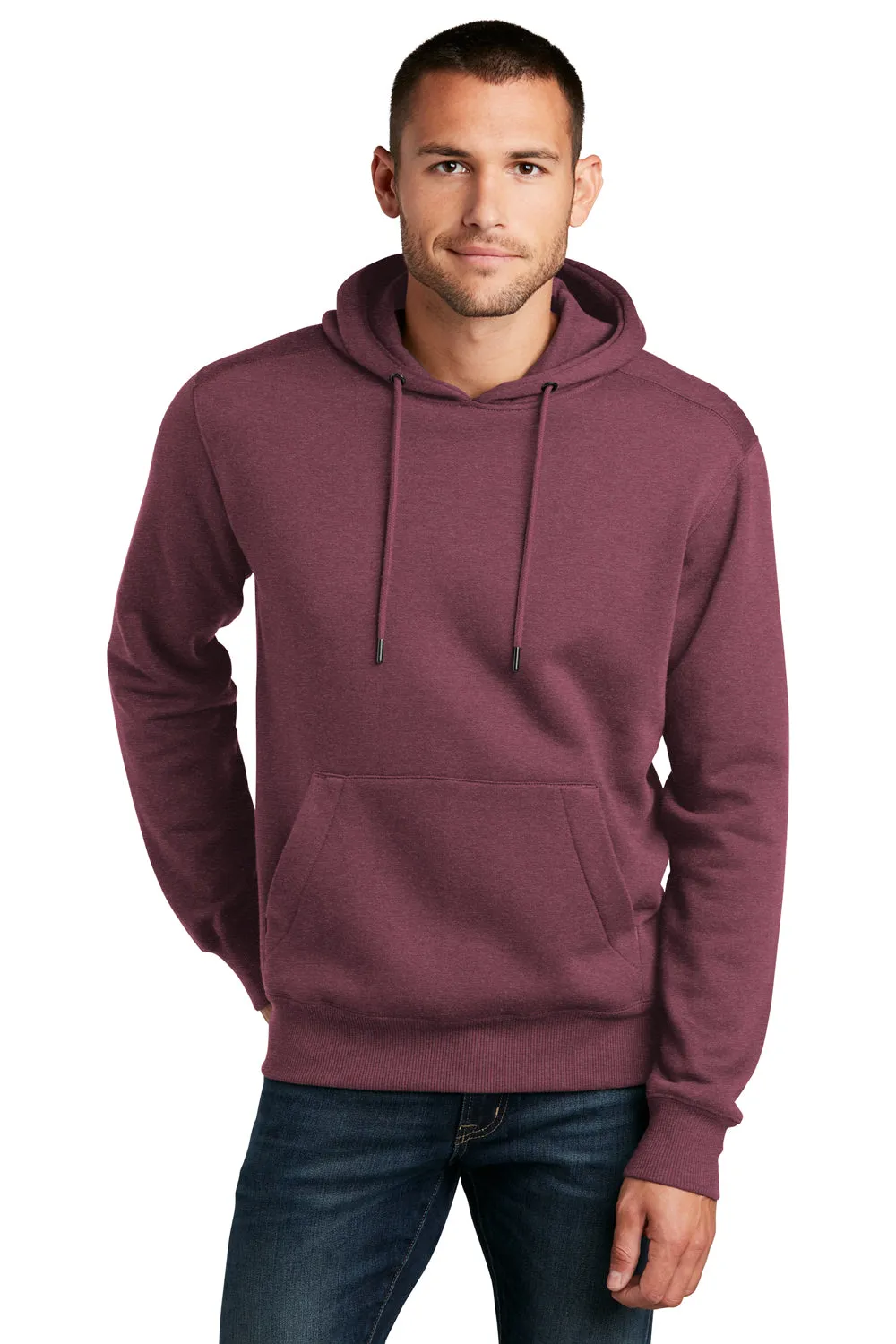 District Mens Perfect Weight Fleece Hooded Sweatshirt Hoodie w/ Pouch Pocket - Heather Loganberry - Closeout
