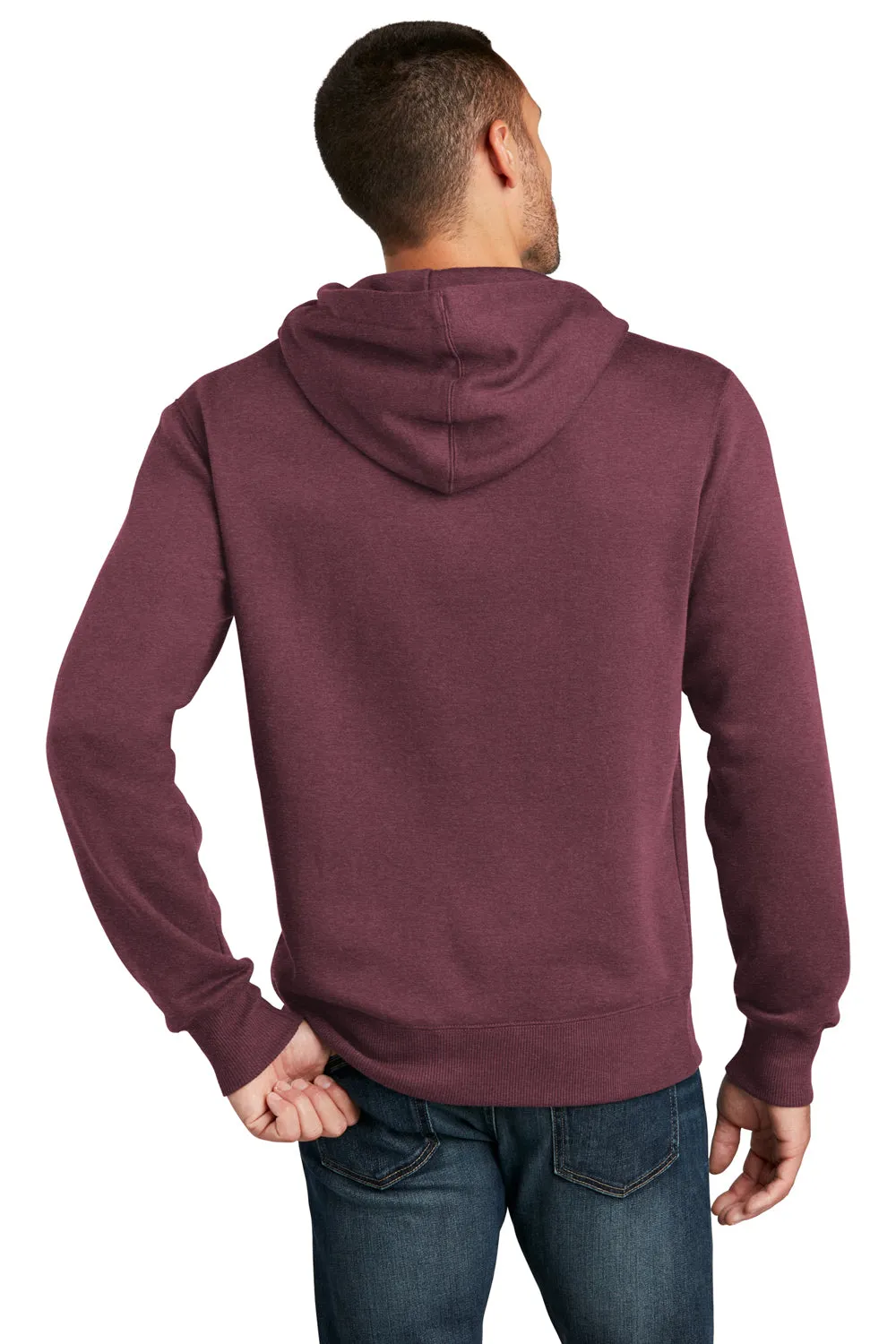 District Mens Perfect Weight Fleece Hooded Sweatshirt Hoodie w/ Pouch Pocket - Heather Loganberry - Closeout