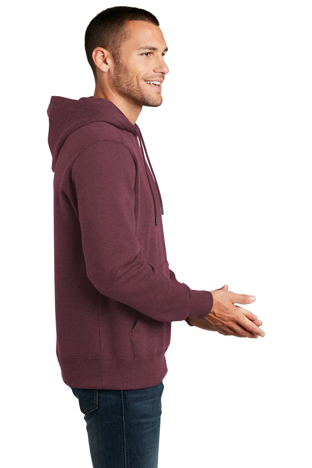 District Mens Perfect Weight Fleece Hooded Sweatshirt Hoodie w/ Pouch Pocket - Heather Loganberry - Closeout