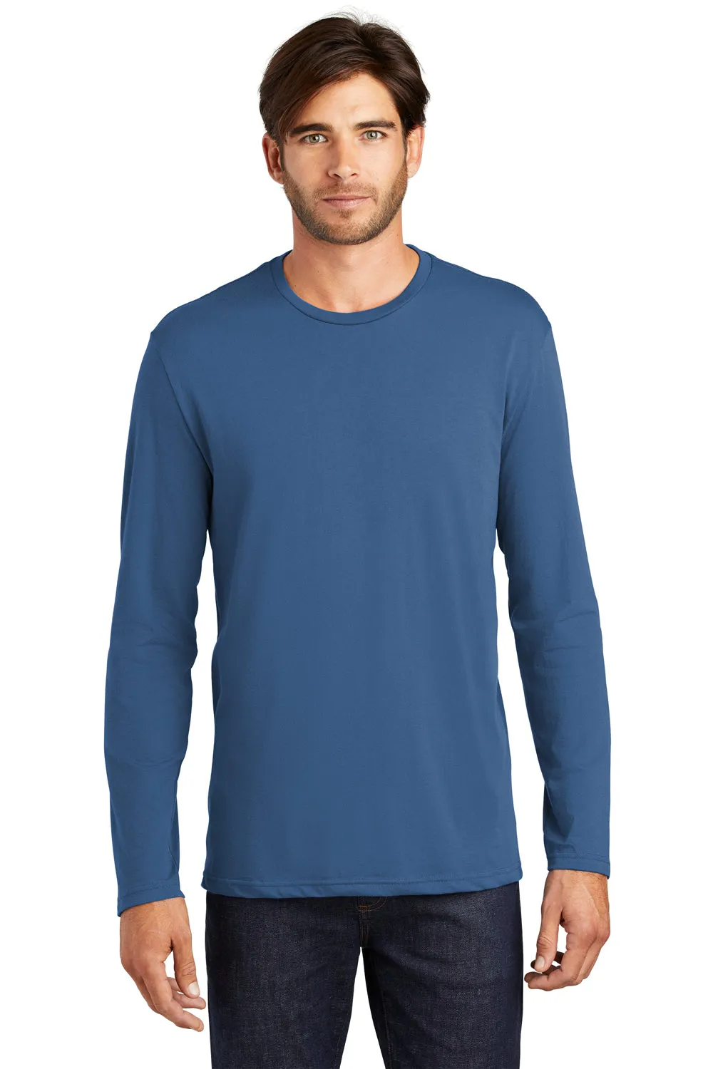 District Mens Perfect Weight Long Sleeve Crewneck T-Shirt - Maritime Blue - Closeout