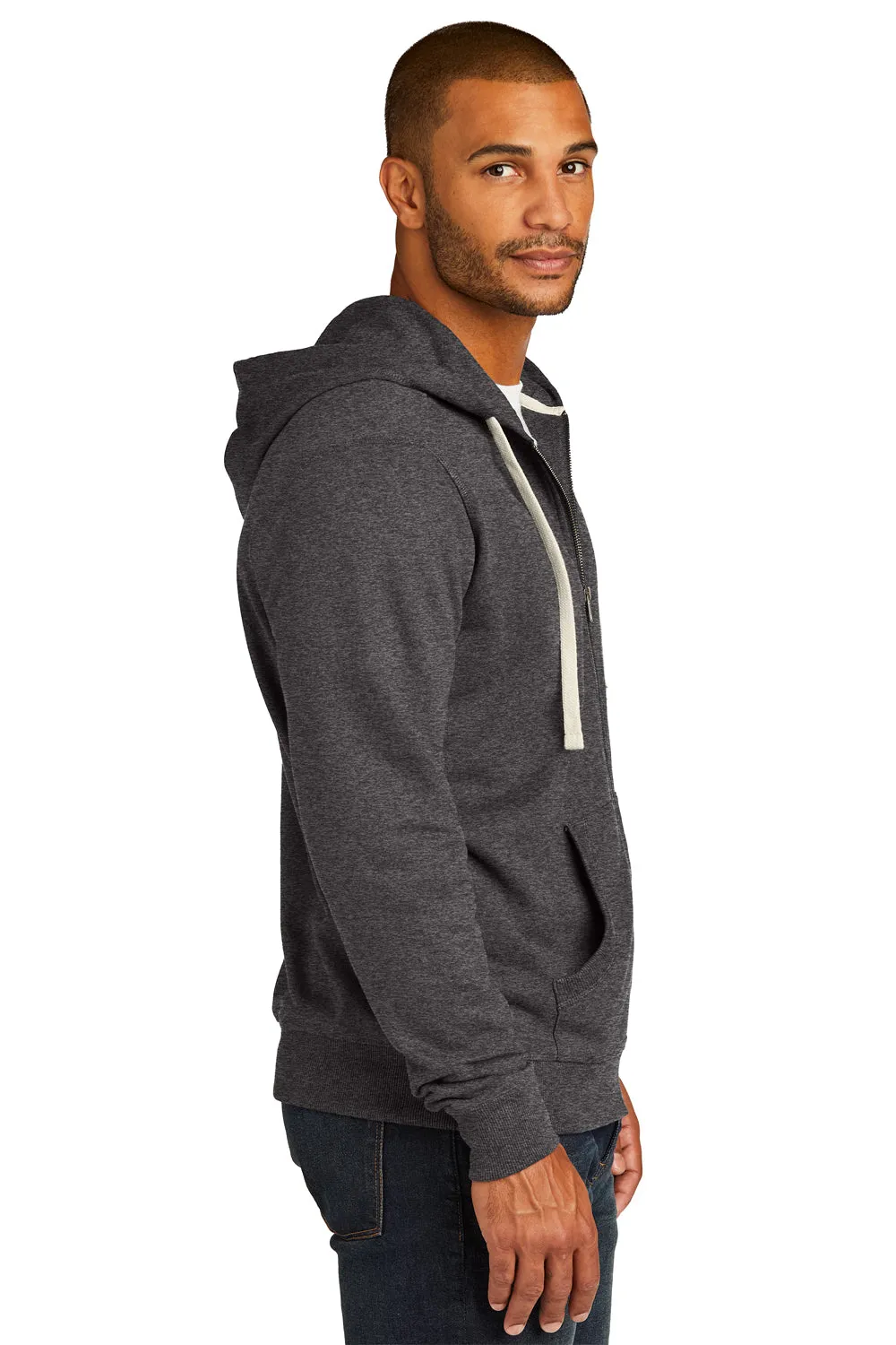 District Mens Re-Fleece Full Zip Hooded Sweatshirt Hoodie w/ Pockets - Heather Charcoal Grey