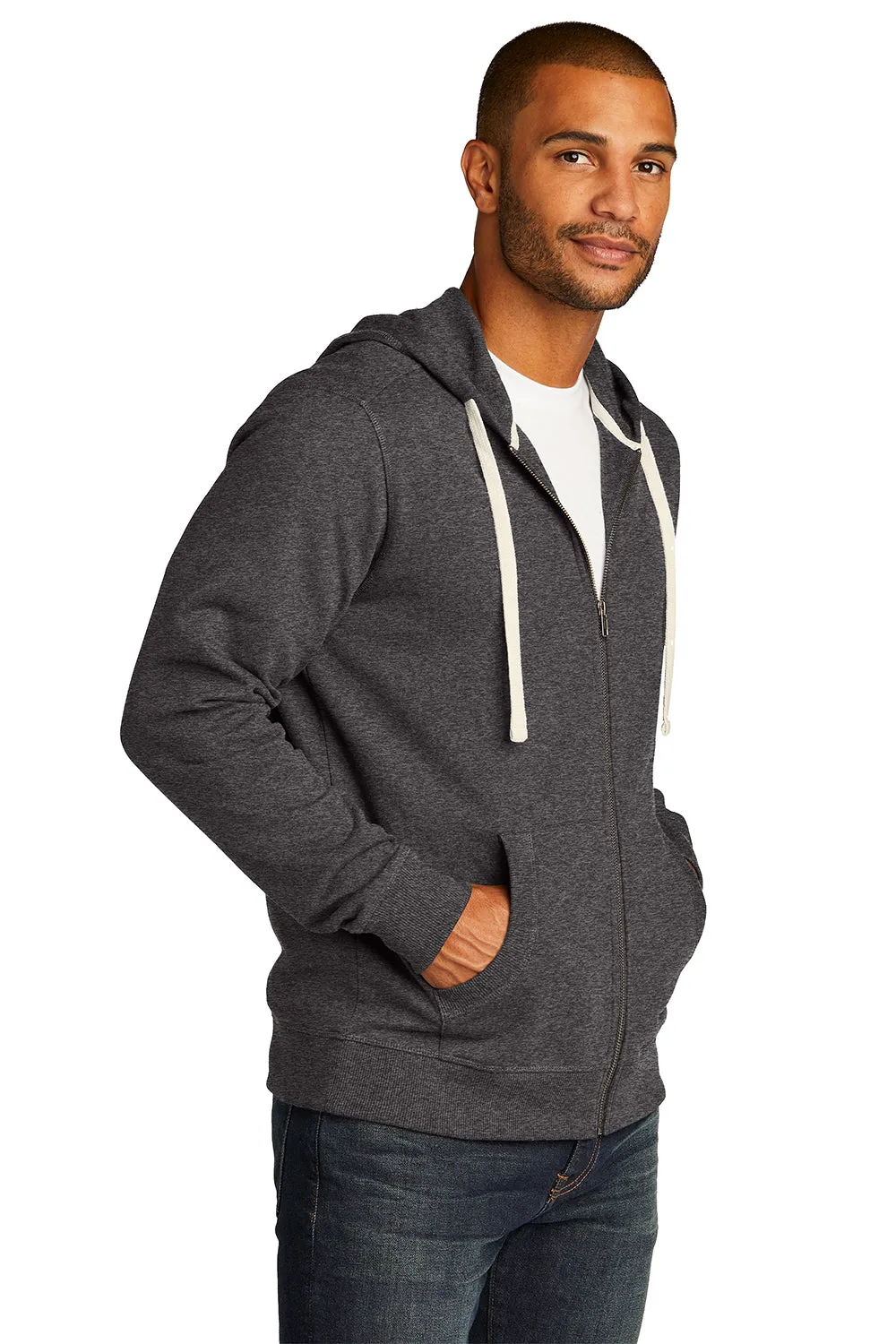 District Mens Re-Fleece Full Zip Hooded Sweatshirt Hoodie w/ Pockets - Heather Charcoal Grey