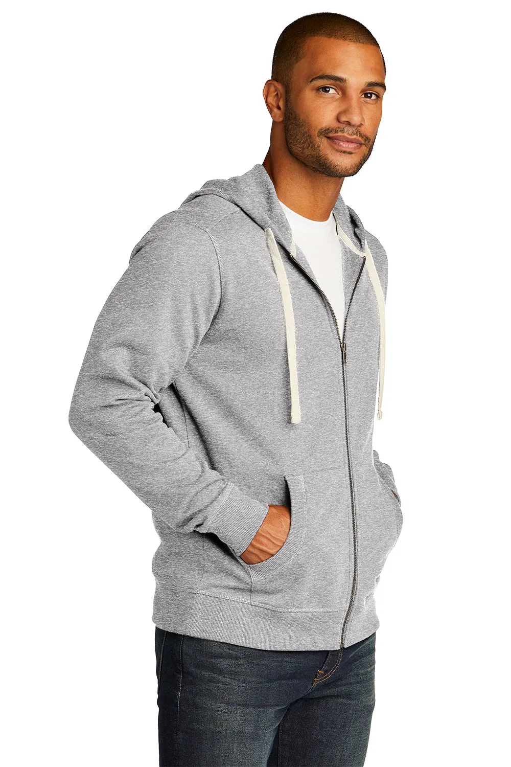 District Mens Re-Fleece Full Zip Hooded Sweatshirt Hoodie w/ Pockets - Heather Light Grey