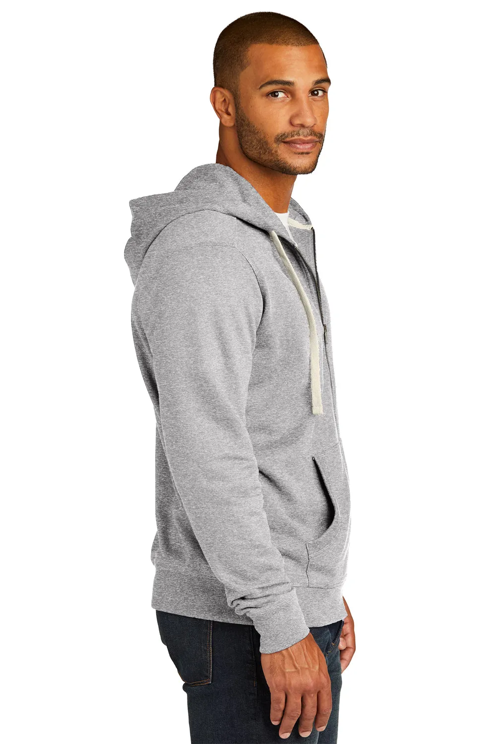 District Mens Re-Fleece Full Zip Hooded Sweatshirt Hoodie w/ Pockets - Heather Light Grey
