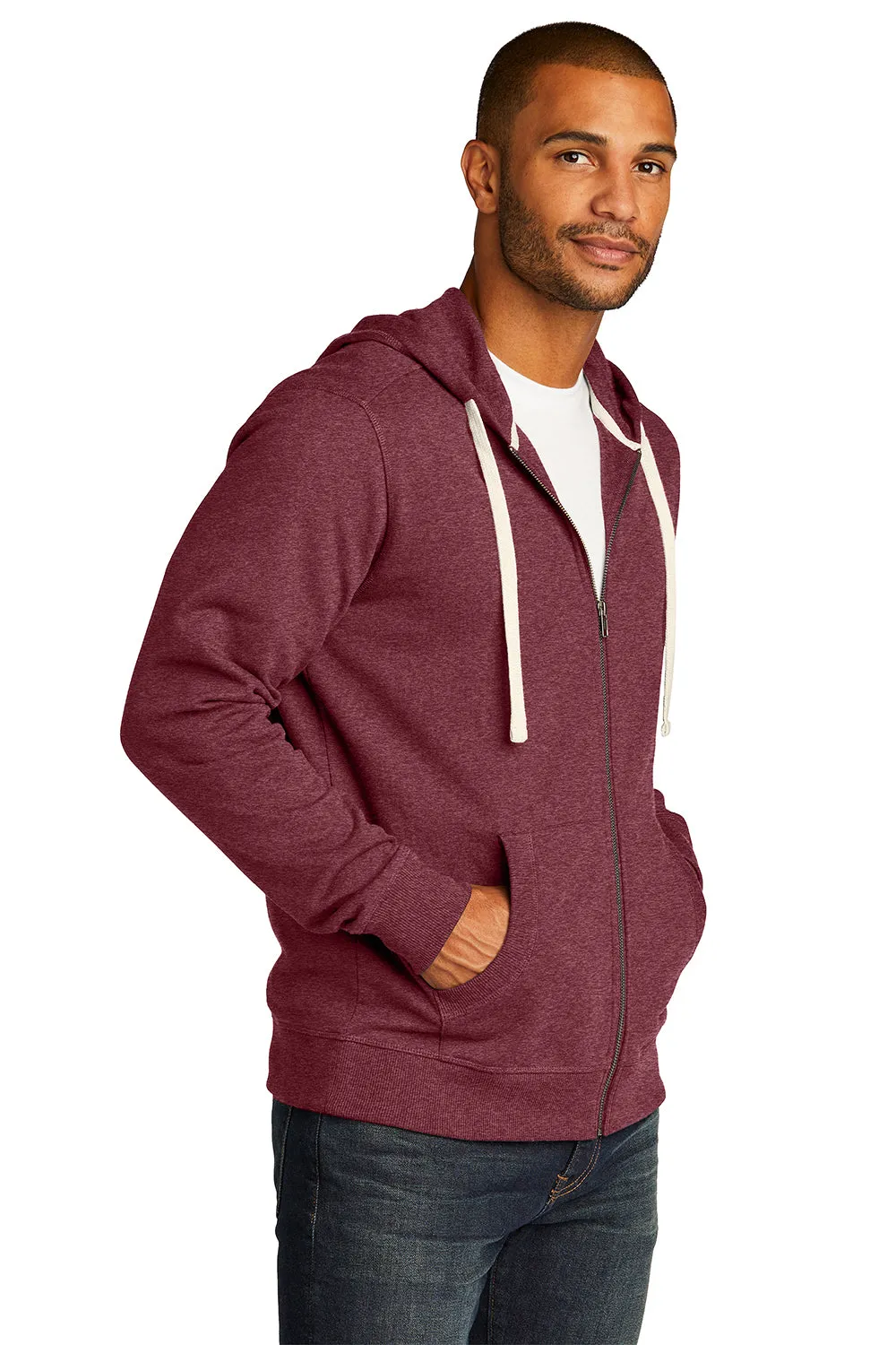 District Mens Re-Fleece Full Zip Hooded Sweatshirt Hoodie w/ Pockets - Heather Maroon
