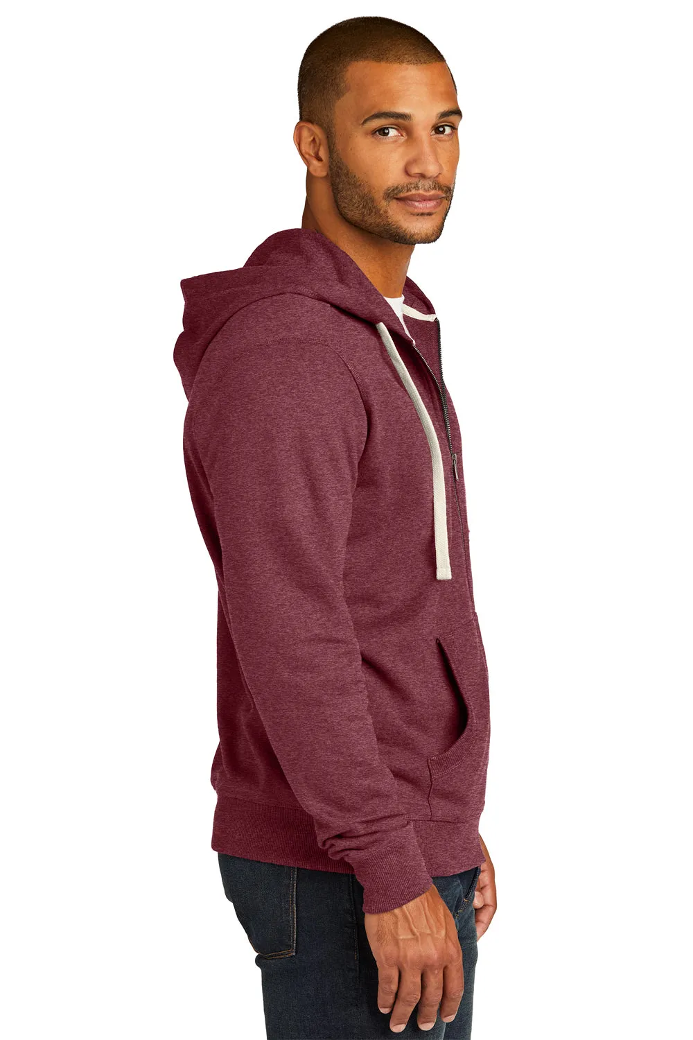 District Mens Re-Fleece Full Zip Hooded Sweatshirt Hoodie w/ Pockets - Heather Maroon