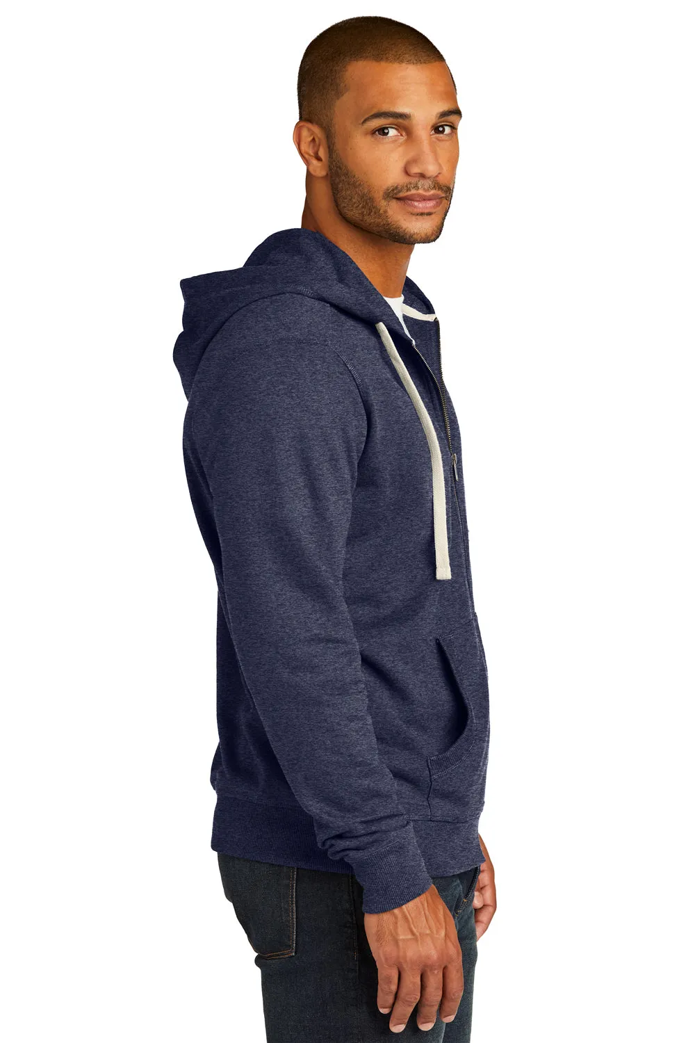 District Mens Re-Fleece Full Zip Hooded Sweatshirt Hoodie w/ Pockets - Heather Navy Blue