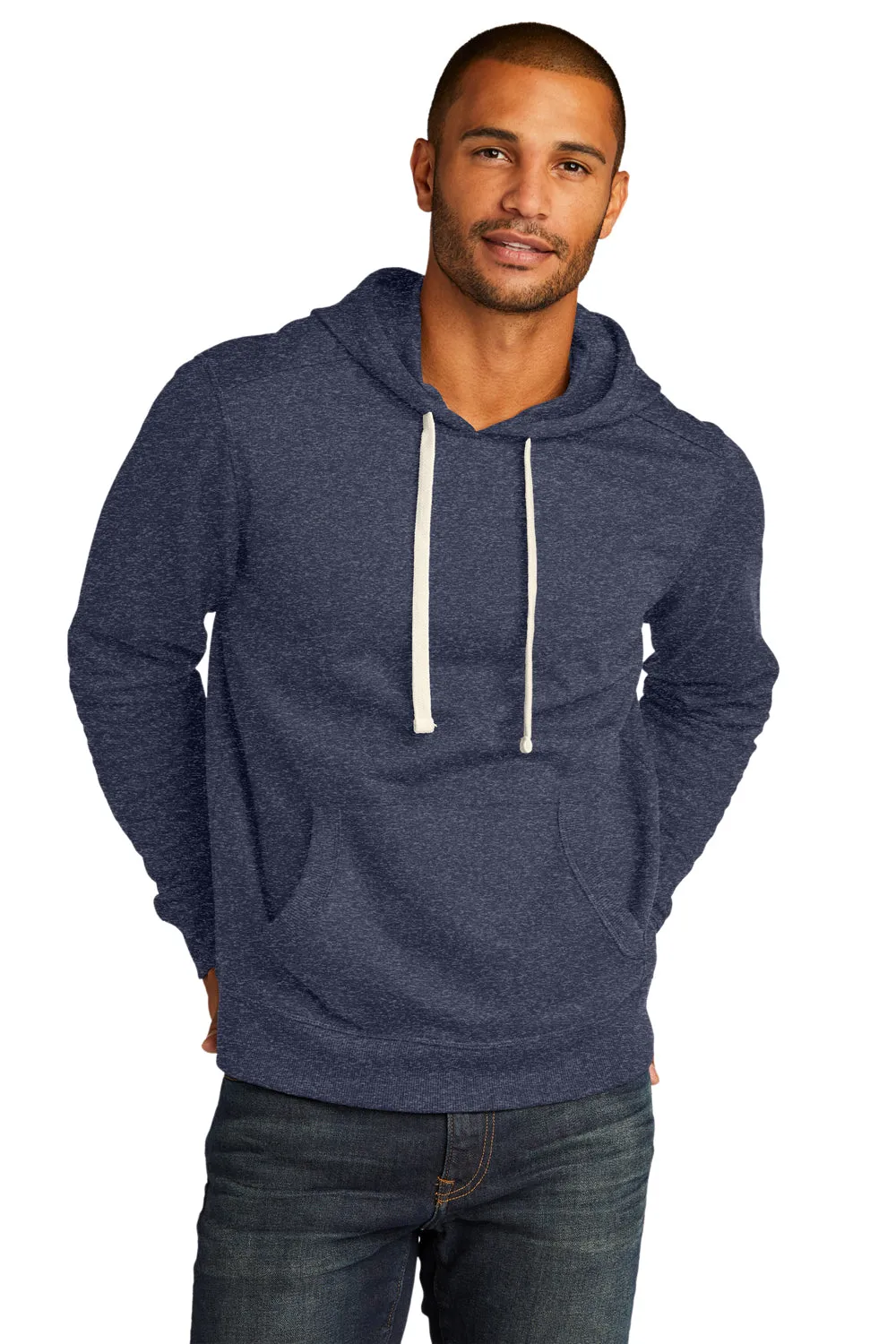 District Mens Re-Fleece Hooded Sweatshirt Hoodie w/ Pouch Pocket - Heather Navy Blue