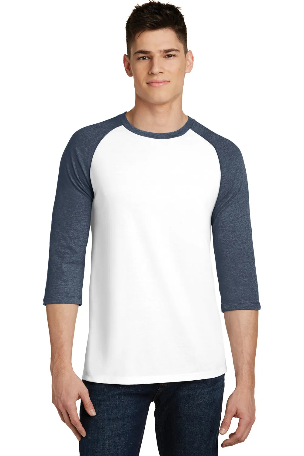 District Mens Very Important 3/4 Sleeve Crewneck T-Shirt - White/Heather Navy Blue - Closeout