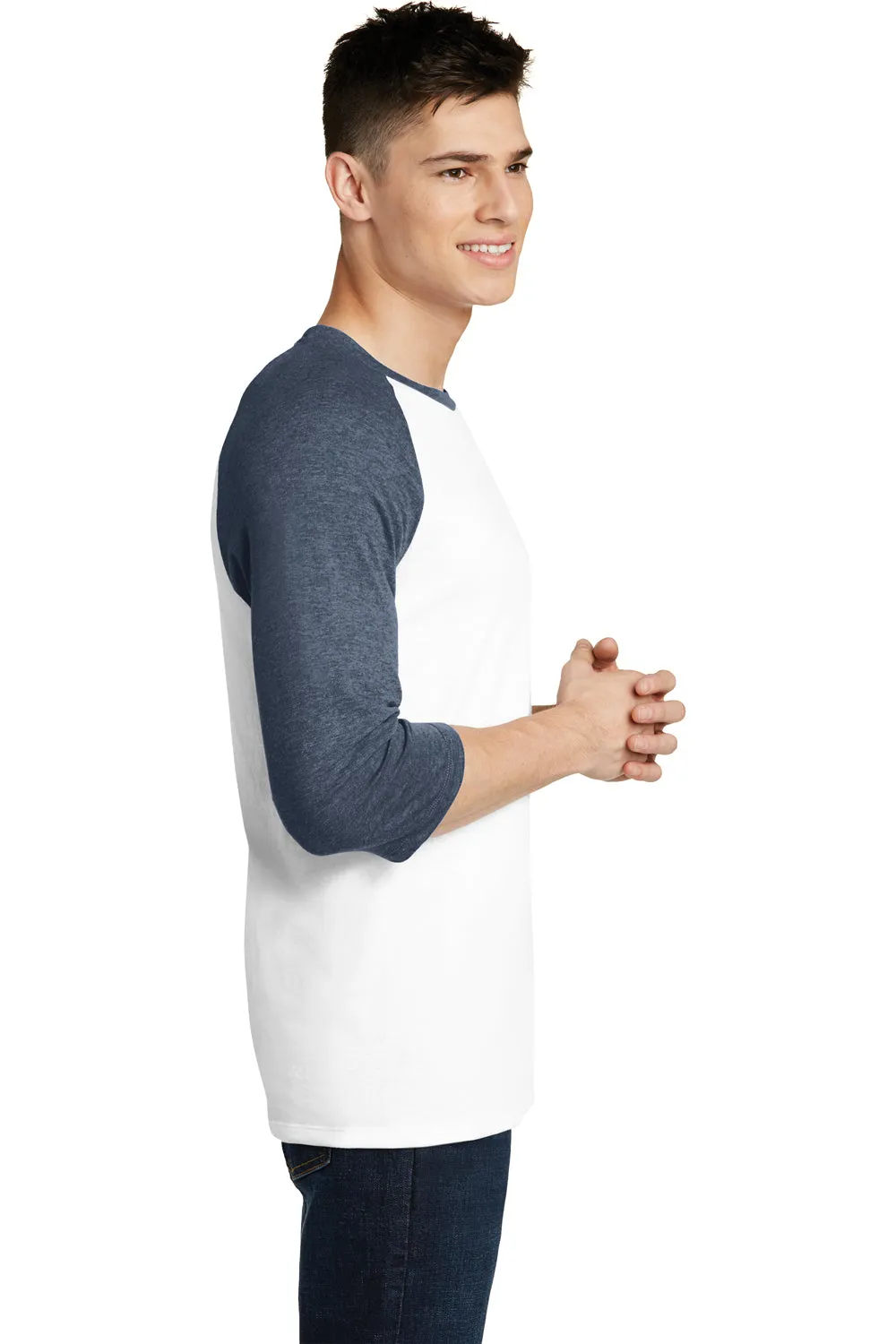District Mens Very Important 3/4 Sleeve Crewneck T-Shirt - White/Heather Navy Blue - Closeout