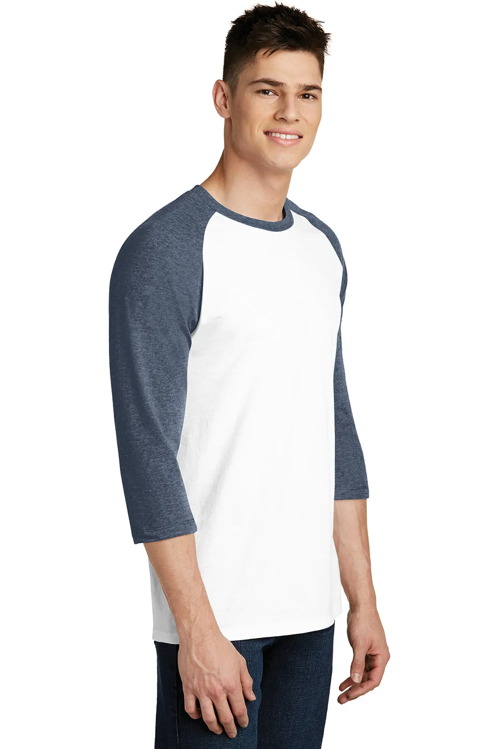 District Mens Very Important 3/4 Sleeve Crewneck T-Shirt - White/Heather Navy Blue - Closeout