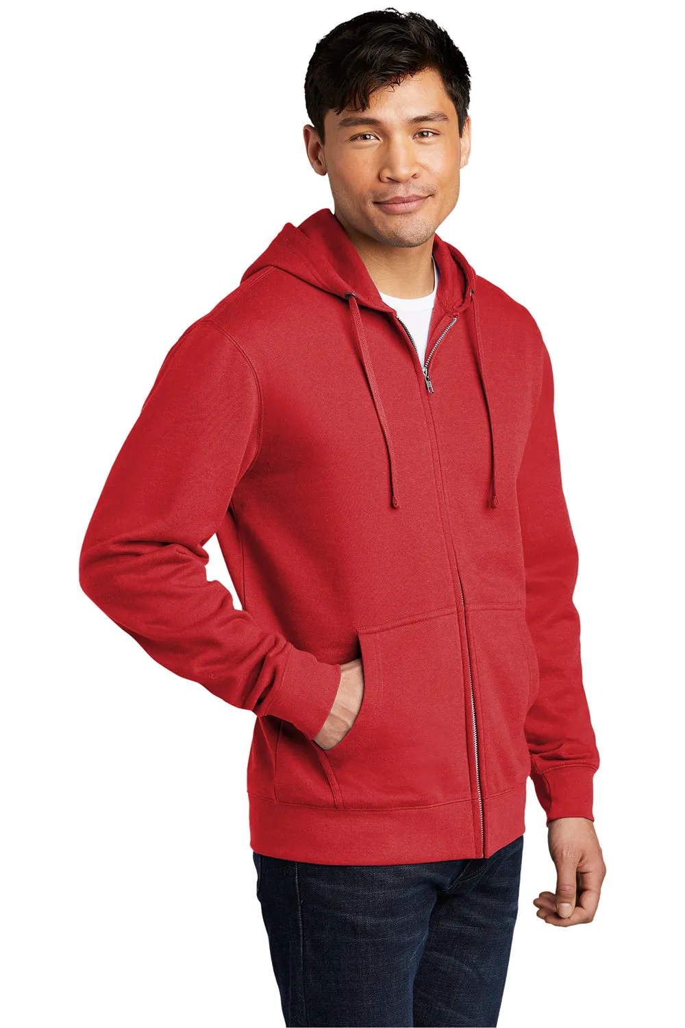 District Mens Very Important Fleece Full Zip Hooded Sweatshirt Hoodie w/ Pockets - Classic Red