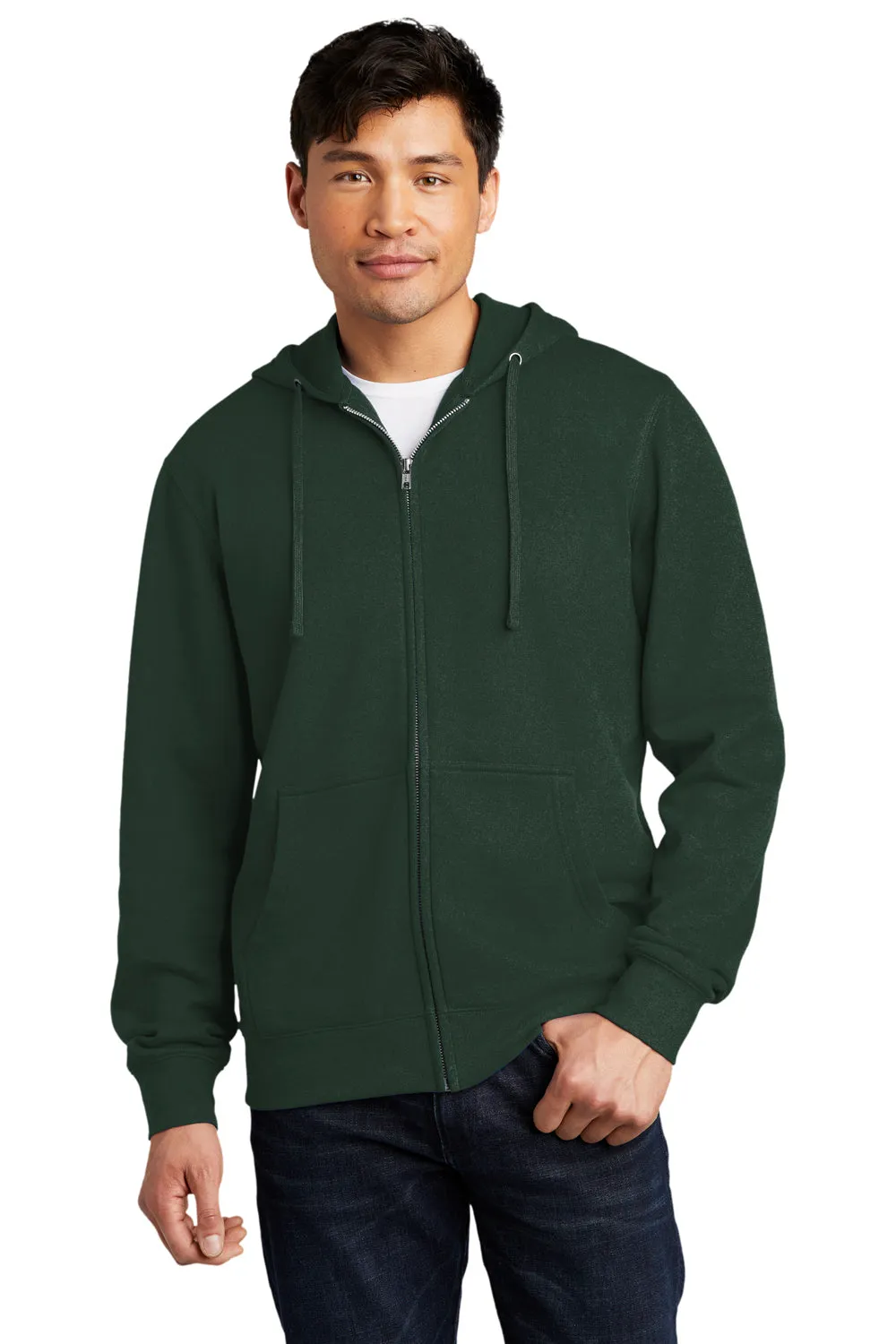 District Mens Very Important Fleece Full Zip Hooded Sweatshirt Hoodie w/ Pockets - Forest Green
