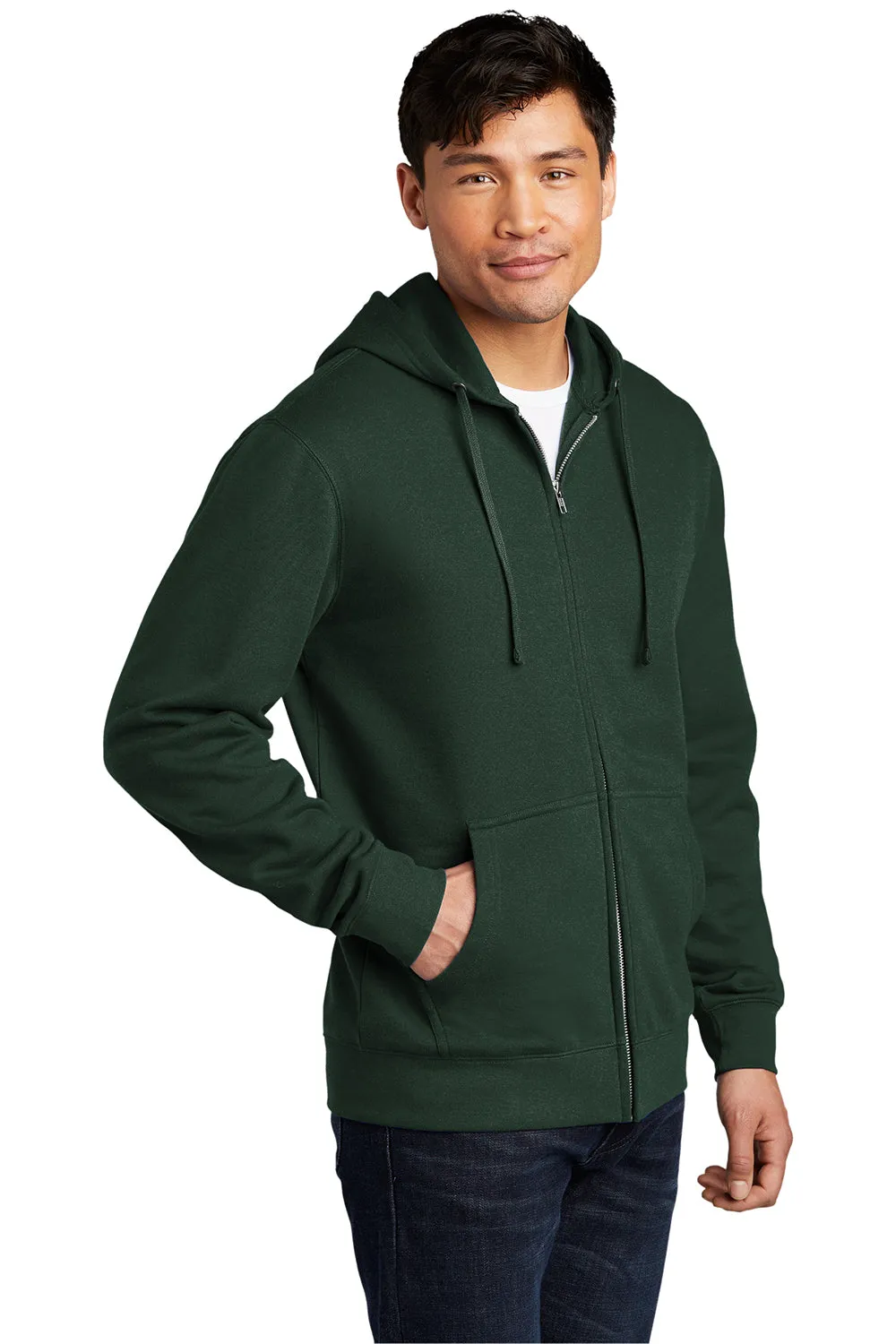 District Mens Very Important Fleece Full Zip Hooded Sweatshirt Hoodie w/ Pockets - Forest Green