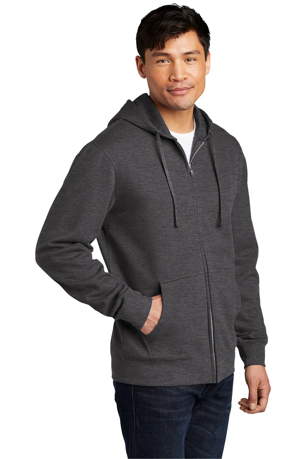 District Mens Very Important Fleece Full Zip Hooded Sweatshirt Hoodie w/ Pockets - Heather Charcoal Grey
