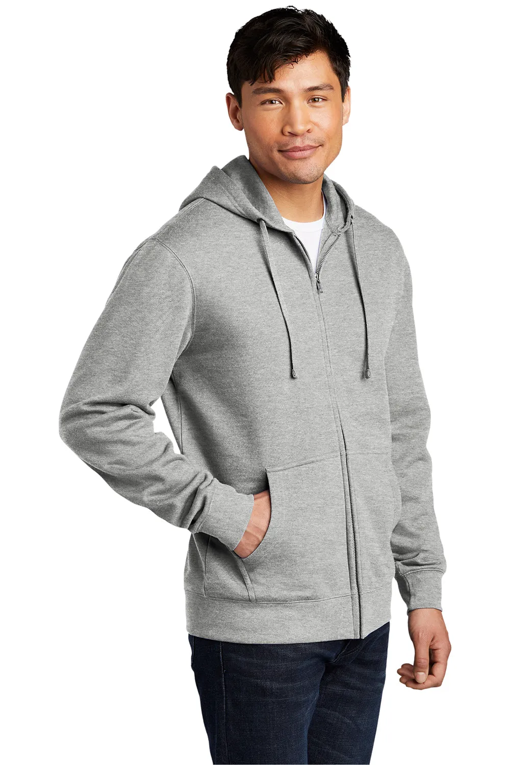 District Mens Very Important Fleece Full Zip Hooded Sweatshirt Hoodie w/ Pockets - Heather Light Grey