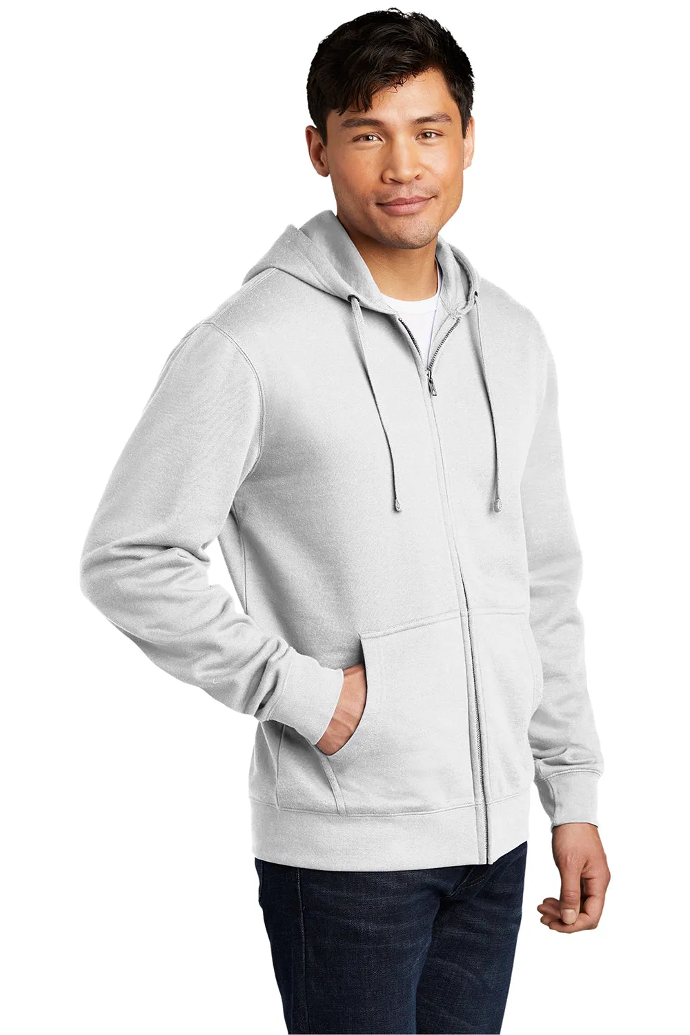 District Mens Very Important Fleece Full Zip Hooded Sweatshirt Hoodie w/ Pockets - White