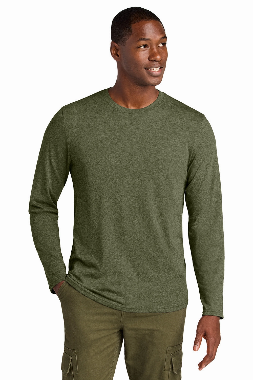 District Mens Perfect Weight CVC Long Sleeve Crewneck T-Shirt - Heather Military Green