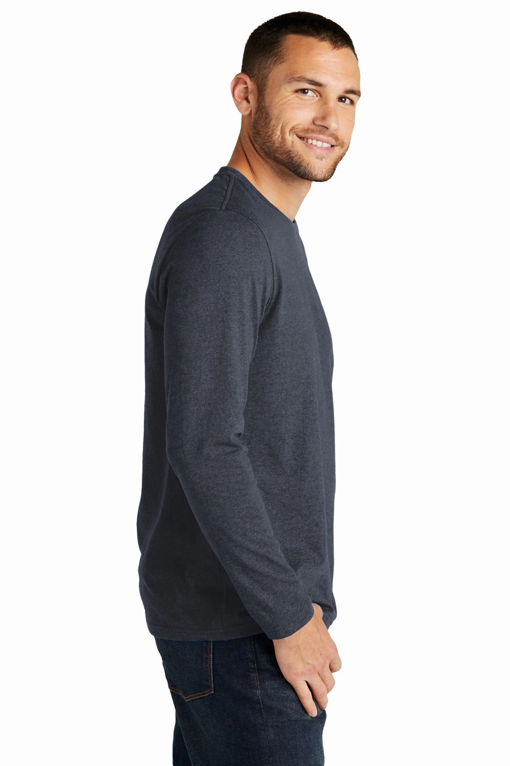 District Mens Re-Tee Long Sleeve Crewneck T-Shirt - Heather Navy Blue