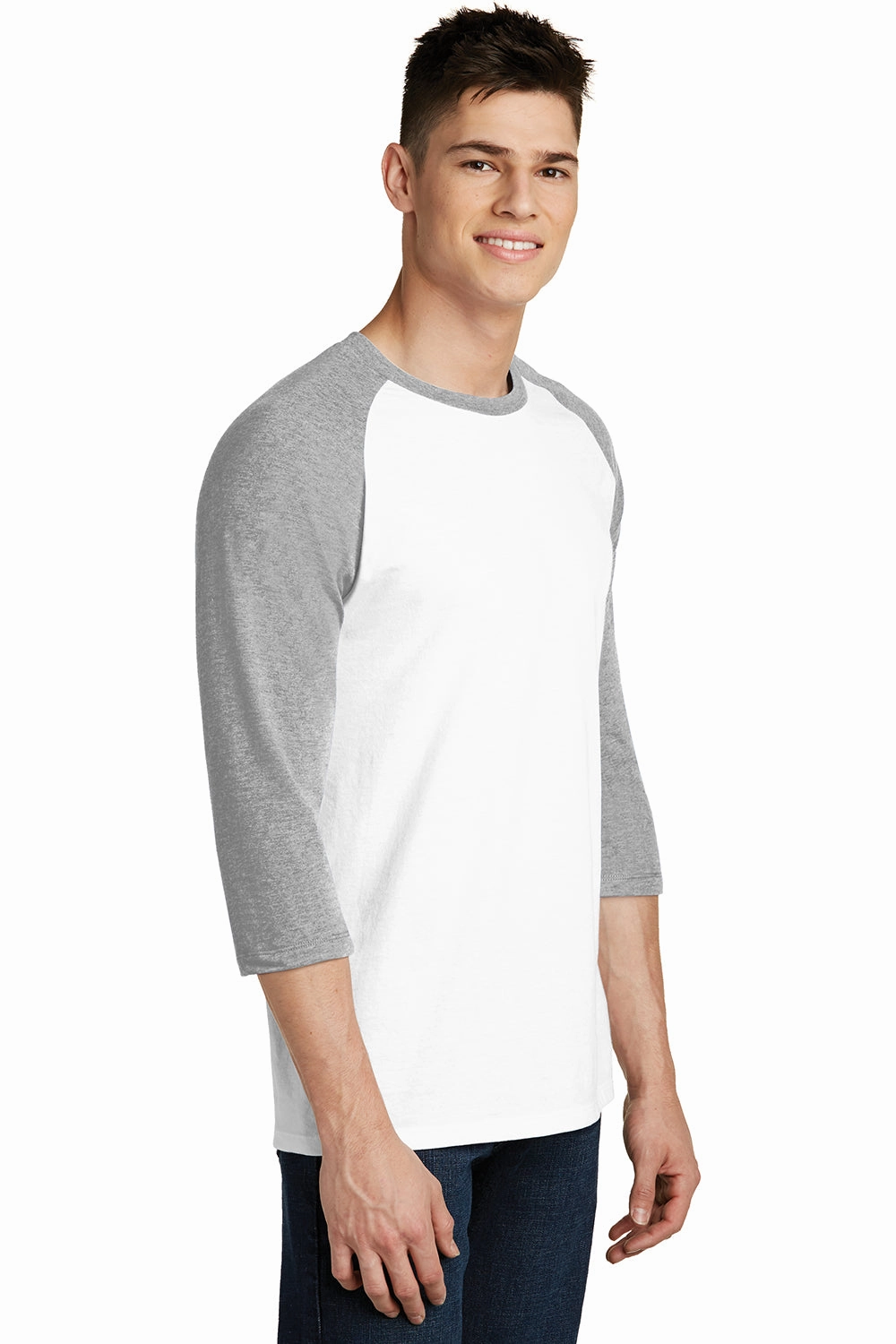 District Mens Very Important 3/4 Sleeve Crewneck T-Shirt - White/Heather Light Grey - Closeout