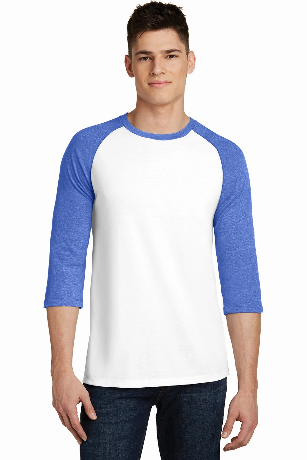 District Mens Very Important 3/4 Sleeve Crewneck T-Shirt - White/Royal Blue Frost - Closeout