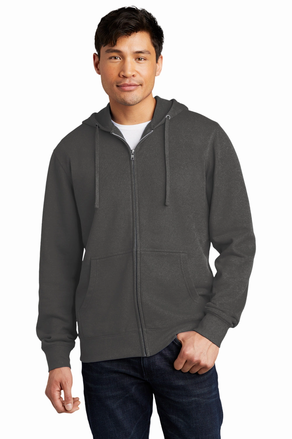 District Mens Very Important Fleece Full Zip Hooded Sweatshirt Hoodie w/ Pockets - Charcoal Grey