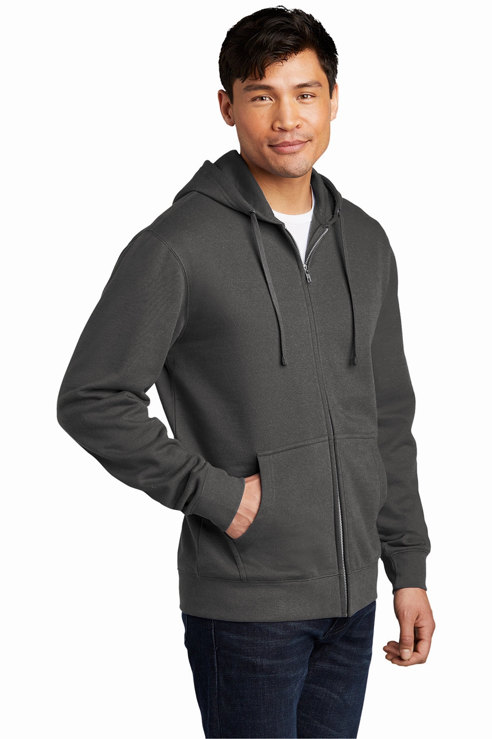 District Mens Very Important Fleece Full Zip Hooded Sweatshirt Hoodie w/ Pockets - Charcoal Grey