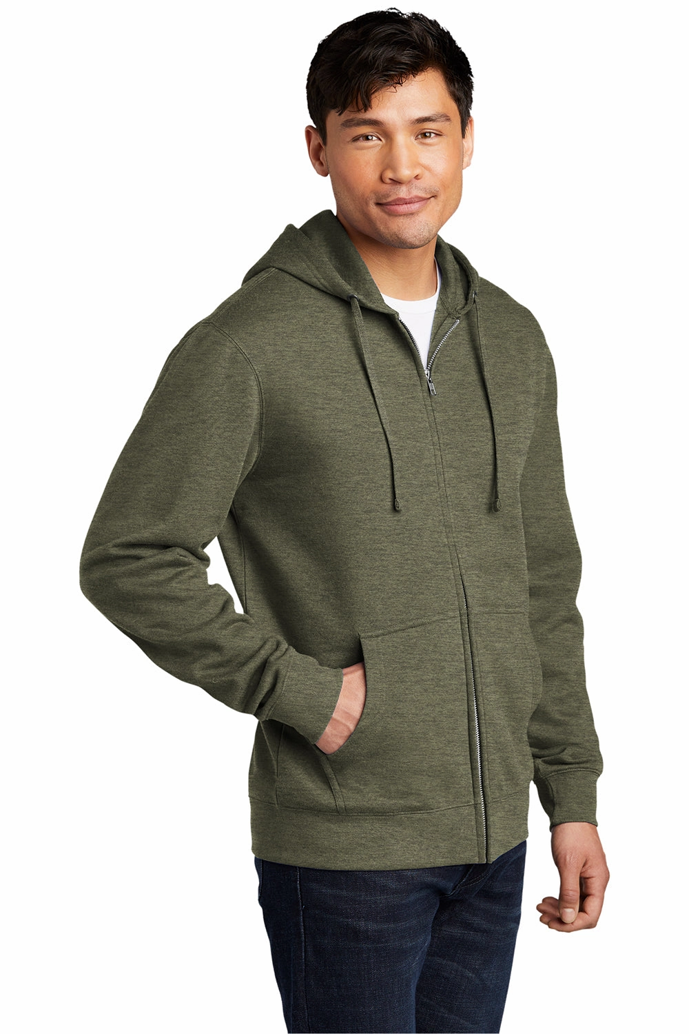 District Mens Very Important Fleece Full Zip Hooded Sweatshirt Hoodie w/ Pockets - Heather Olive Green