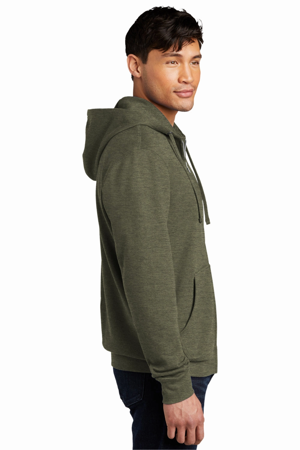 District Mens Very Important Fleece Full Zip Hooded Sweatshirt Hoodie w/ Pockets - Heather Olive Green