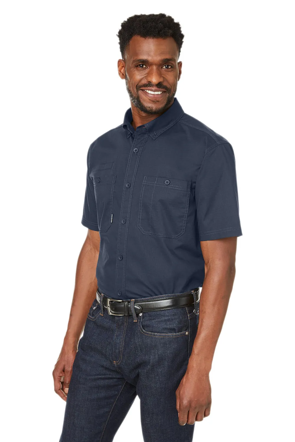 Dri Duck Mens Craftsman Ripstop Short Sleeve Button Down Shirt w/ Double Pockets - Deep Blue