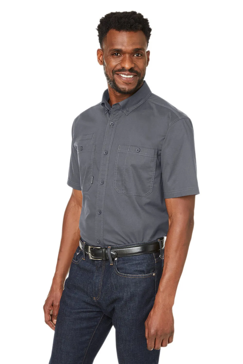 Dri Duck Mens Craftsman Ripstop Short Sleeve Button Down Shirt w/ Double Pockets - Gunmetal Grey